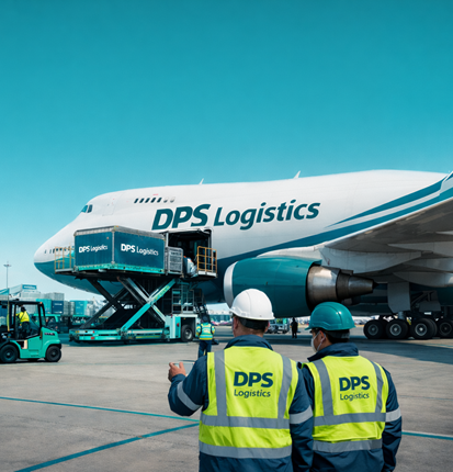 DPS Logistics air cargo service with cargo aircraft loading containers at international airport terminal