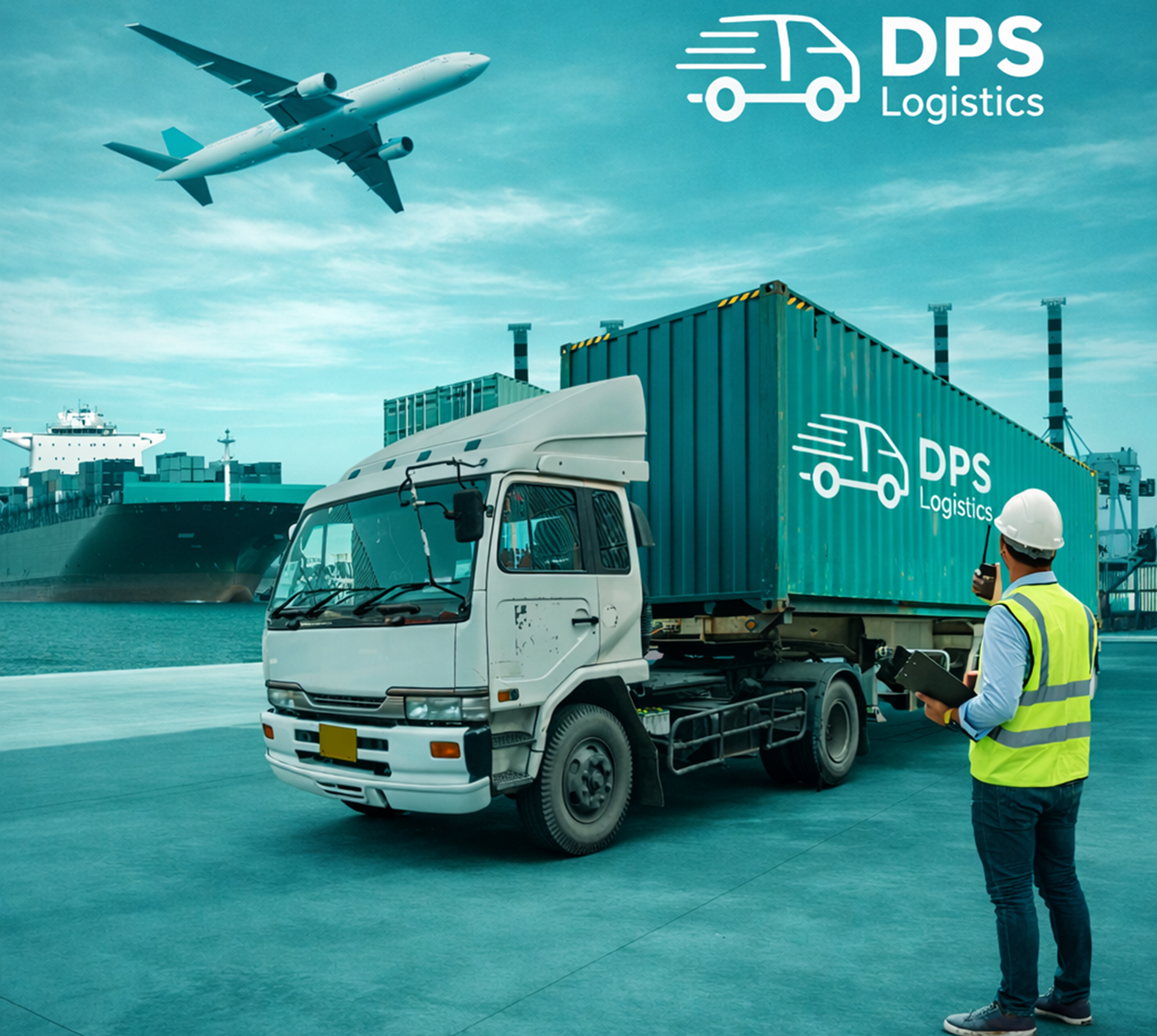 DPS Logistics branded shipping port scene featuring teal 
        containers, cargo ship, airplane, and a safety-vested worker
         overseeing freight operations
