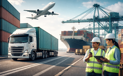 Modern logistics transportation showing cargo truck, container ship and airplane with logistics workers managing global supply chain operations.
