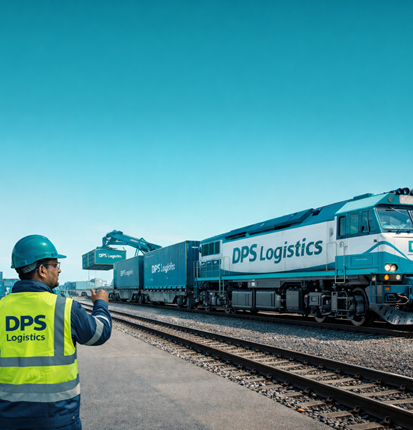 DPS Logistics rail freight service transporting cargo containers by freight train