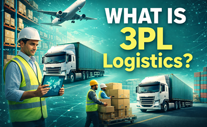 3PL logistics concept showing warehouse operations, cargo trucks, airplane transport, and supply chain management for modern freight logistics.